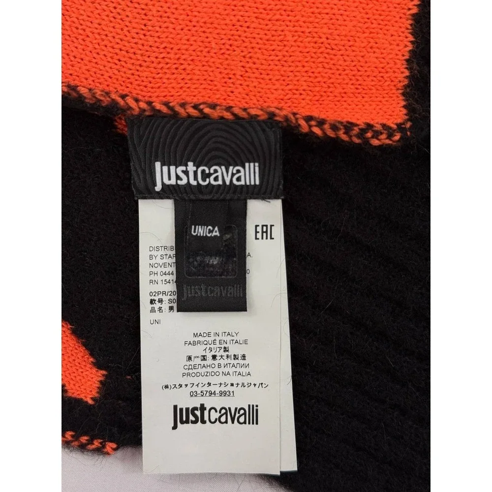 Just Cavalli Signature Logo Scarf Beanie Set Orange Black Size Small Italy